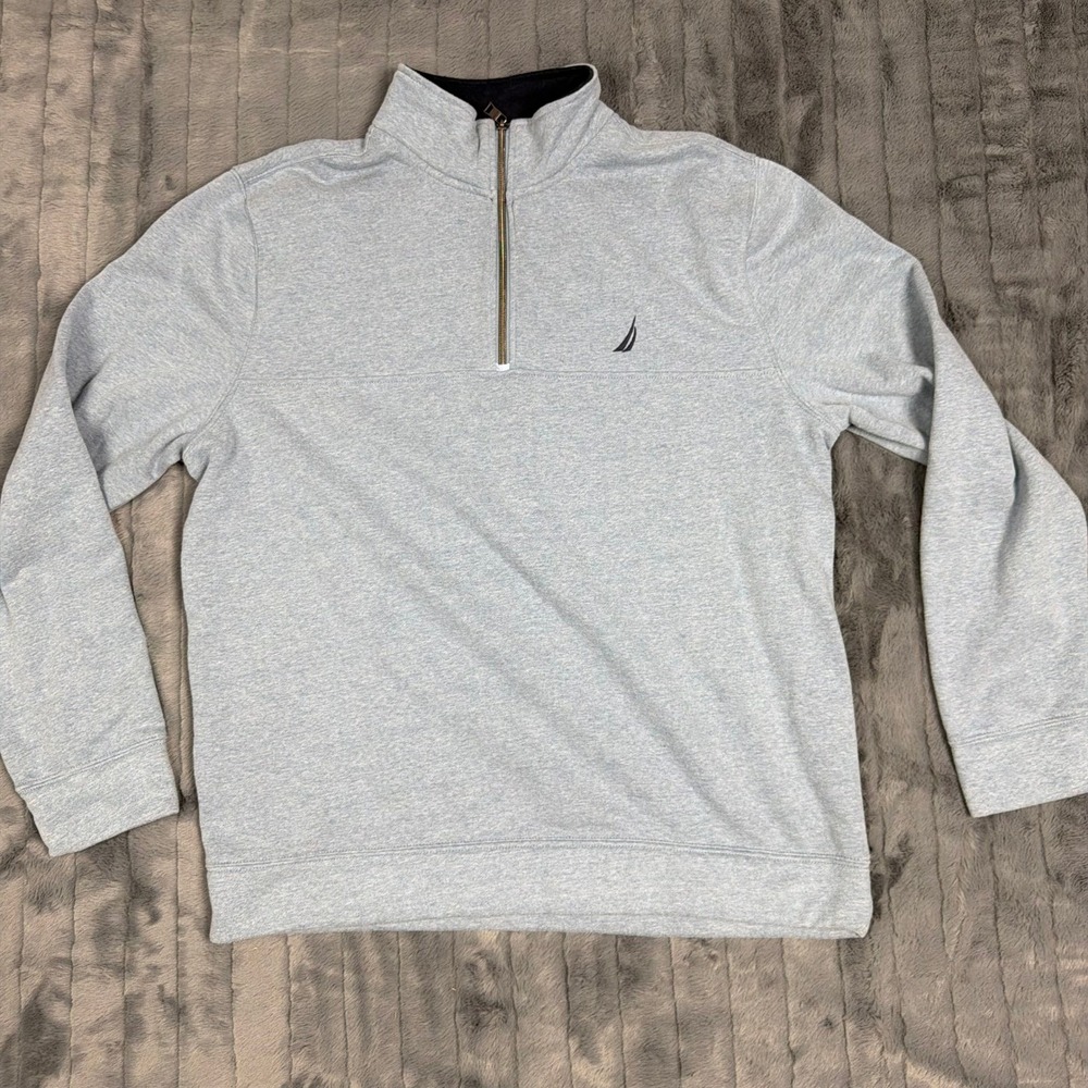 Nautica Mens XL Quarter Zip Pullover Sweatshirt Light Blue Heather Fleece Logo